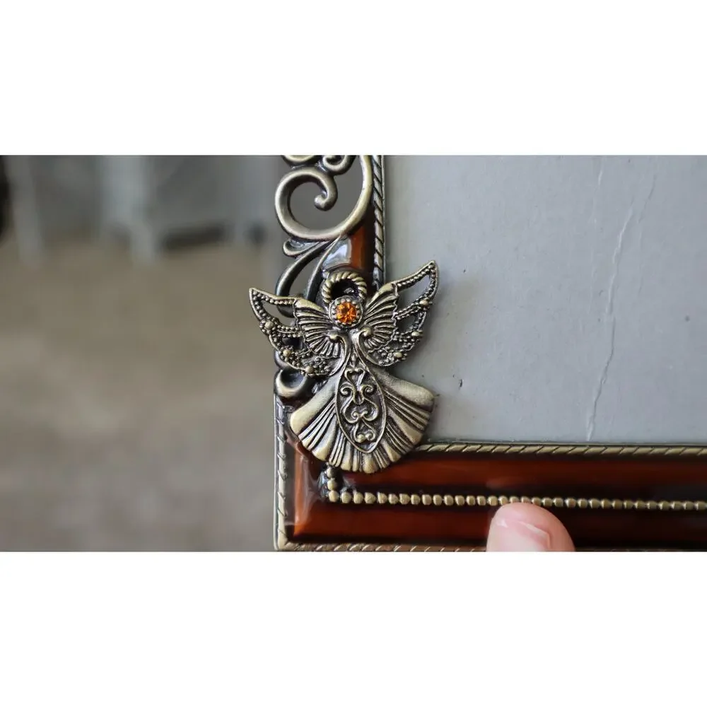 Vintage 90s Y2K Silver Pewter Angel Picture Frame Photo Ornate Brown Enamel 3x5